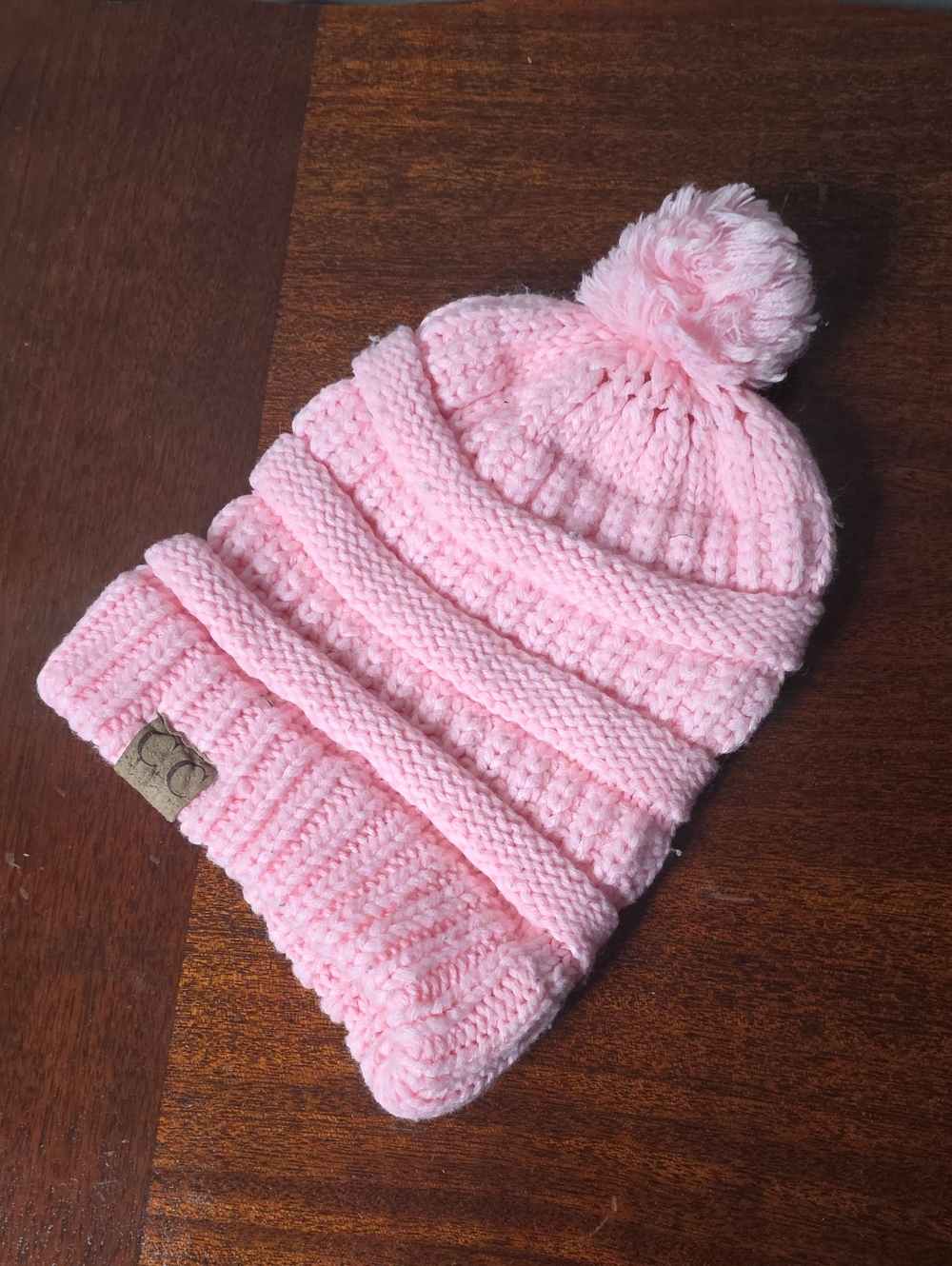 Kids Pink Knit Pom Pom Beanie - Cozy Winter Hat